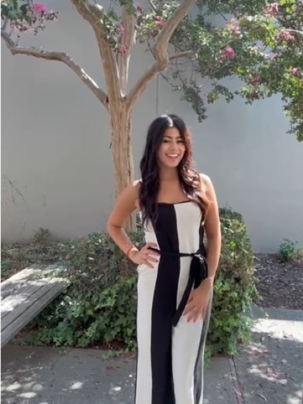 Womens Black and White Colorblock Jumpsuit with Belt